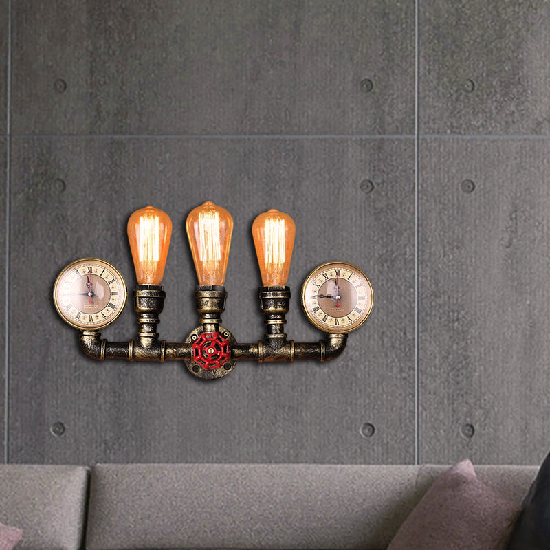 Siopsrl| Antique Brass Pipe Wall Lamp Rustic Stylish 3 Heads Wrought Iron Wall Lamp Fixture with Manometer and Valve Deco