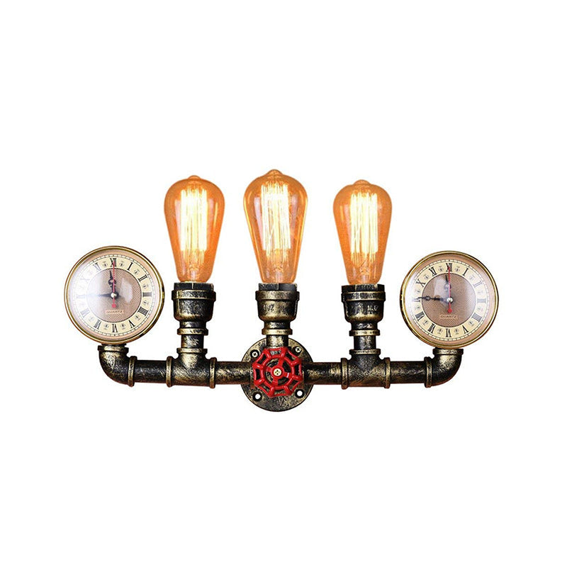 Siopsrl| Antique Brass Pipe Wall Lamp Rustic Stylish 3 Heads Wrought Iron Wall Lamp Fixture with Manometer and Valve Deco