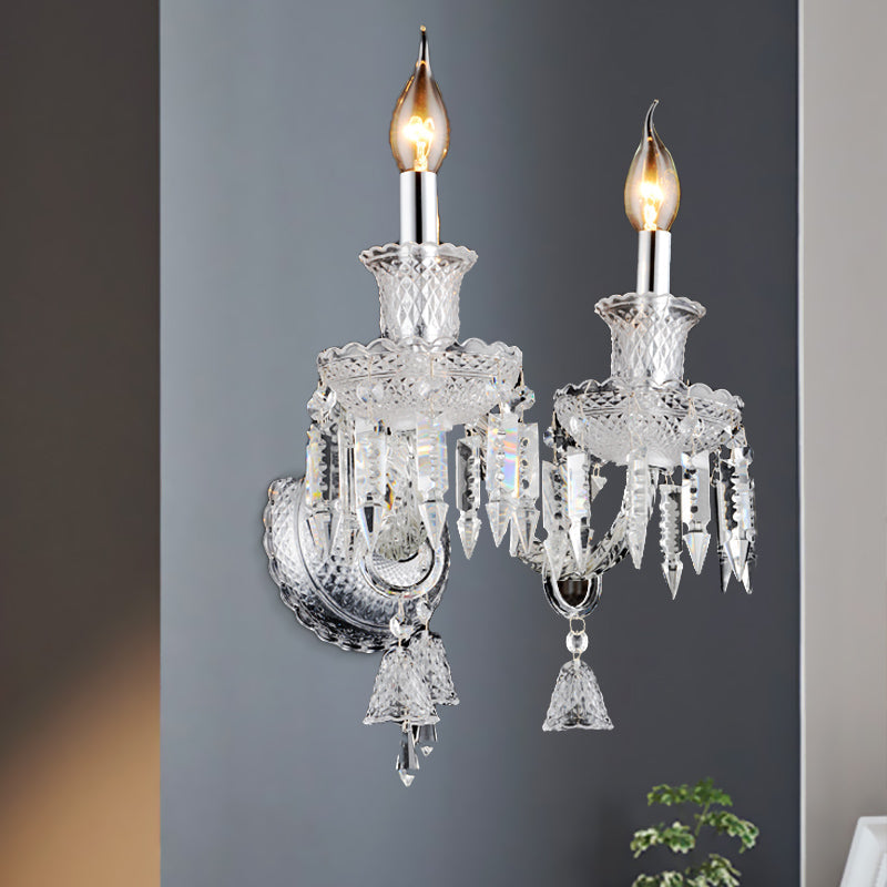 Siopsrl| Candle holder Clear Glass Wall Lamp Fixture Modern 1/2 Cups Chrome Wall Lamp with Diamond Shaped Crystal Decoration