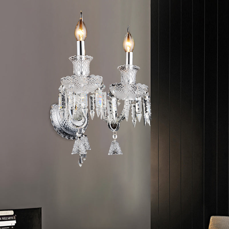 Siopsrl| Candle holder Clear Glass Wall Lamp Fixture Modern 1/2 Cups Chrome Wall Lamp with Diamond Shaped Crystal Decoration