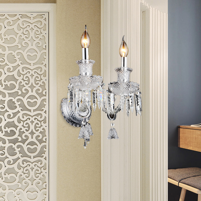Siopsrl| Candle holder Clear Glass Wall Lamp Fixture Modern 1/2 Cups Chrome Wall Lamp with Diamond Shaped Crystal Decoration