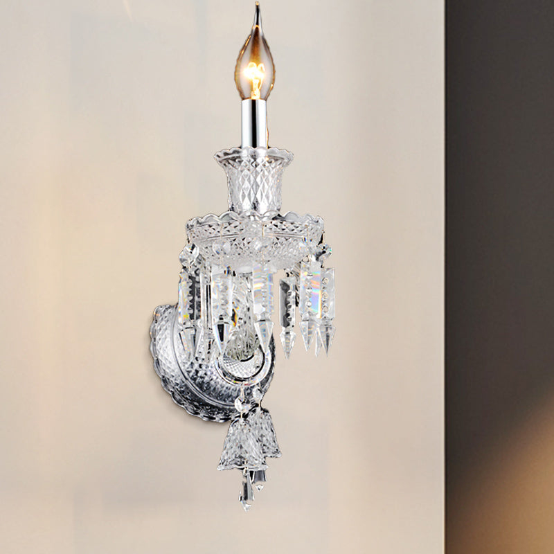 Siopsrl| Candle holder Clear Glass Wall Lamp Fixture Modern 1/2 Cups Chrome Wall Lamp with Diamond Shaped Crystal Decoration