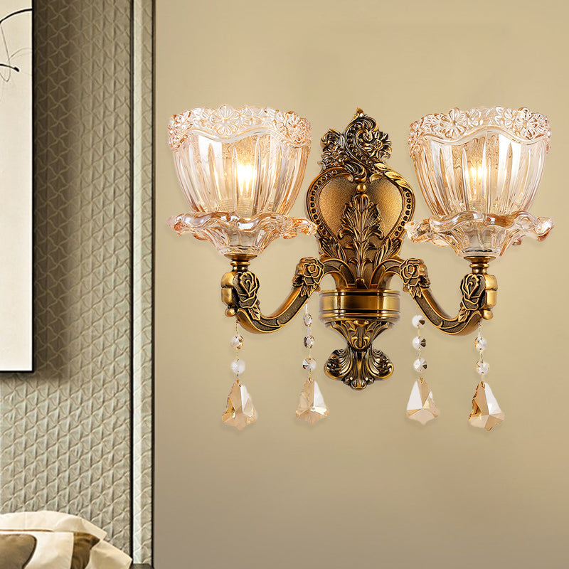 Siopsrl| Amber Glass Flower Wall Light Modern 1/2 Heads Brass Wall Lamp with K9 Crystal Drops