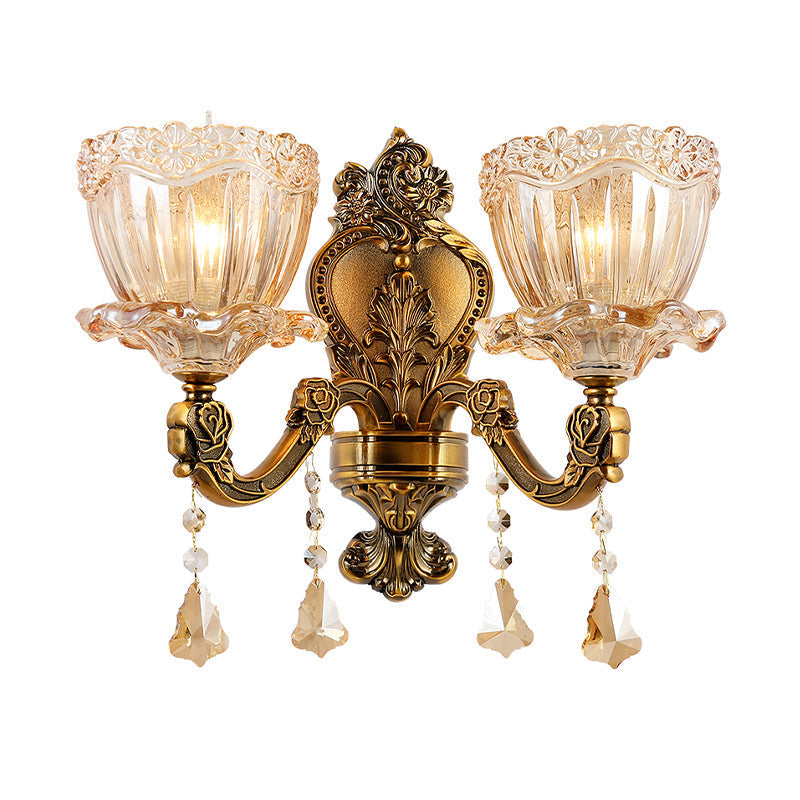 Siopsrl| Amber Glass Flower Wall Light Modern 1/2 Heads Brass Wall Lamp with K9 Crystal Drops