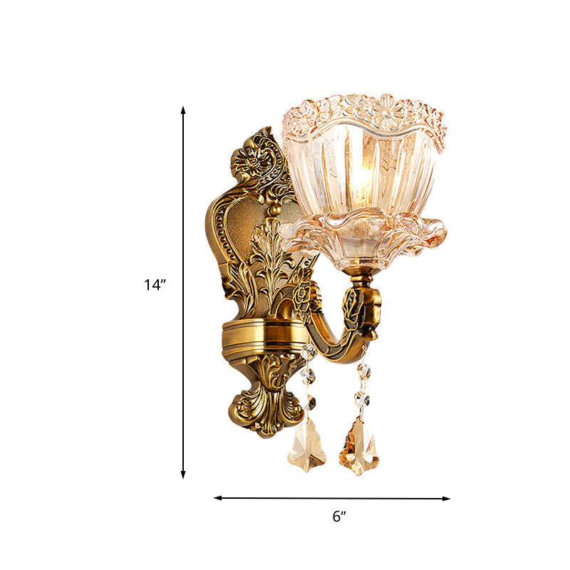 Siopsrl| Amber Glass Flower Wall Light Modern 1/2 Heads Brass Wall Lamp with K9 Crystal Drops