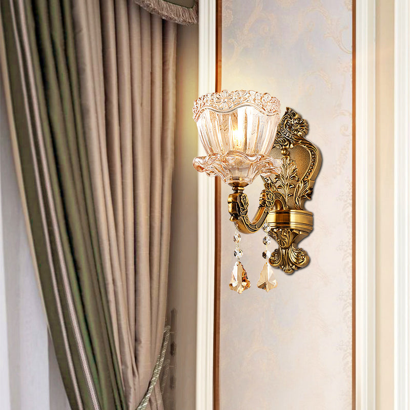 Siopsrl| Amber Glass Flower Wall Light Modern 1/2 Heads Brass Wall Lamp with K9 Crystal Drops