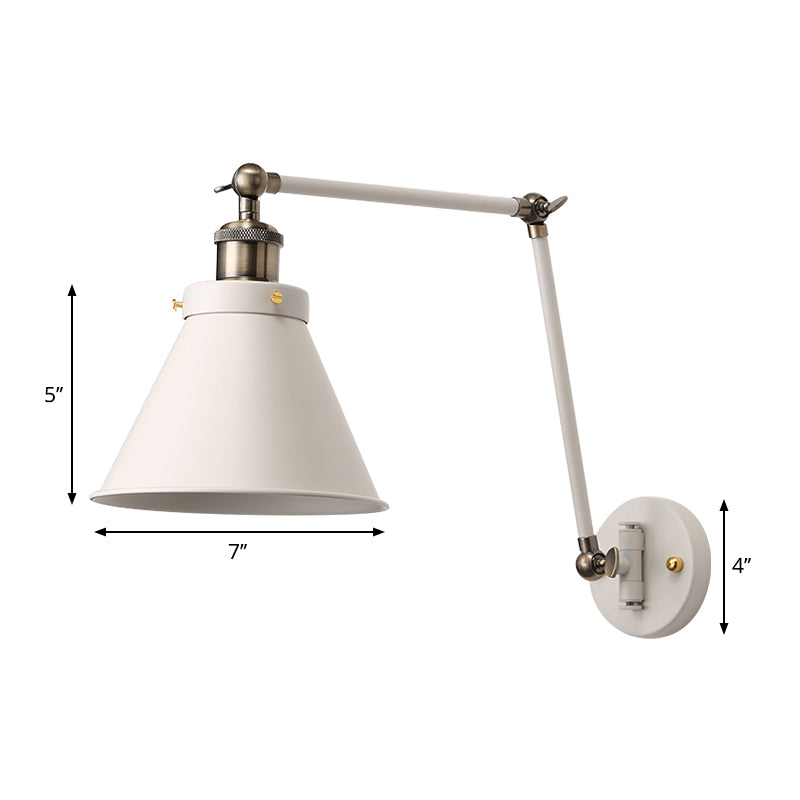 Siopsrl| Cone Wall Lamp Fixture Industrial Style Metal 1 Bulb Black/White Wall Light with Swing Arm for Bedroom