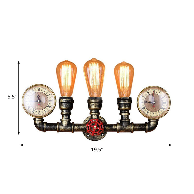 Siopsrl| Antique Brass Pipe Wall Lamp Rustic Stylish 3 Heads Wrought Iron Wall Lamp Fixture with Manometer and Valve Deco
