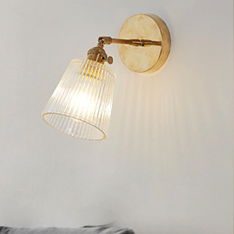 Siopsrl| 1 Light Clear Ribbed Glass Wall Lamp Light Industrial Brass Cone Living Room Lighting Fixture