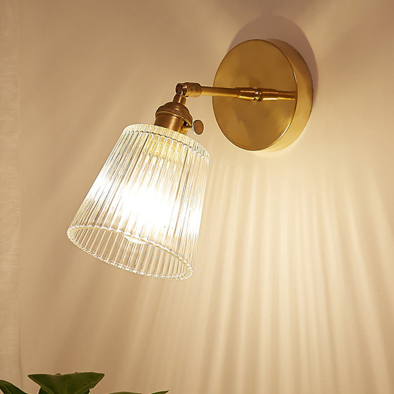 Siopsrl| 1 Light Clear Ribbed Glass Wall Lamp Light Industrial Brass Cone Living Room Lighting Fixture