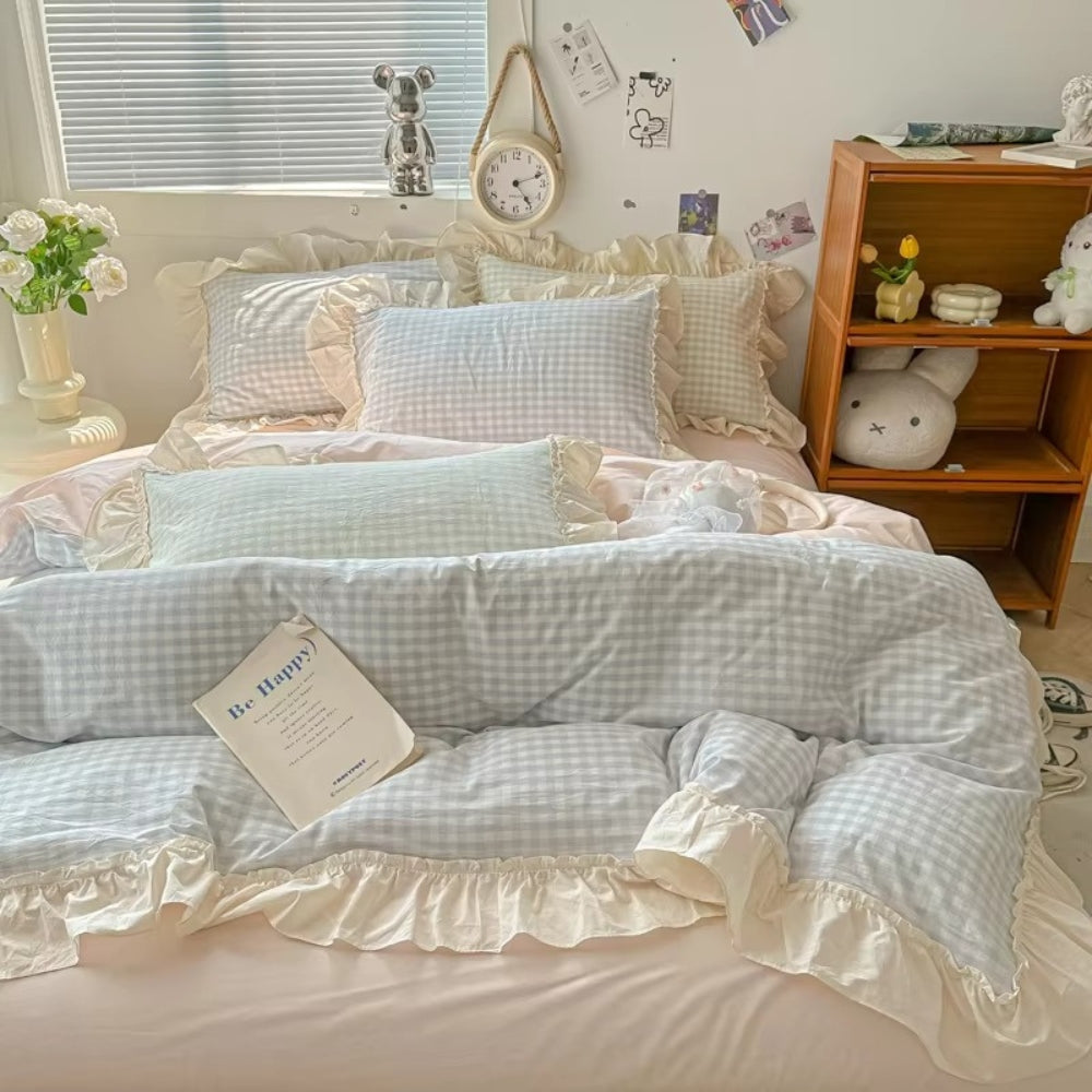 Siopsrl| Gingham Check Ruffled Edges Bedding Set