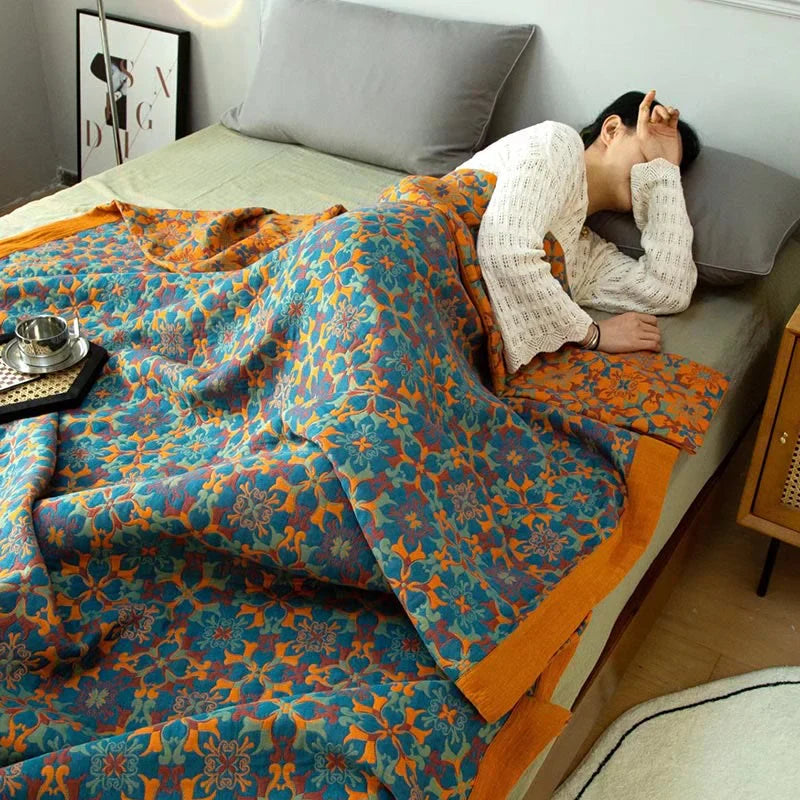 Siopsrl| Six-Layer Cotton Blanket with Orange-Blue Pattern
