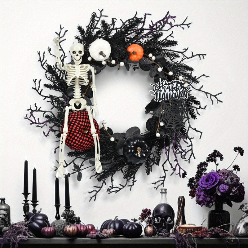 Siopsrl| Halloween Door Wreath with Skeleton and Pumpkin – Atmospheric Seasonal Decoration