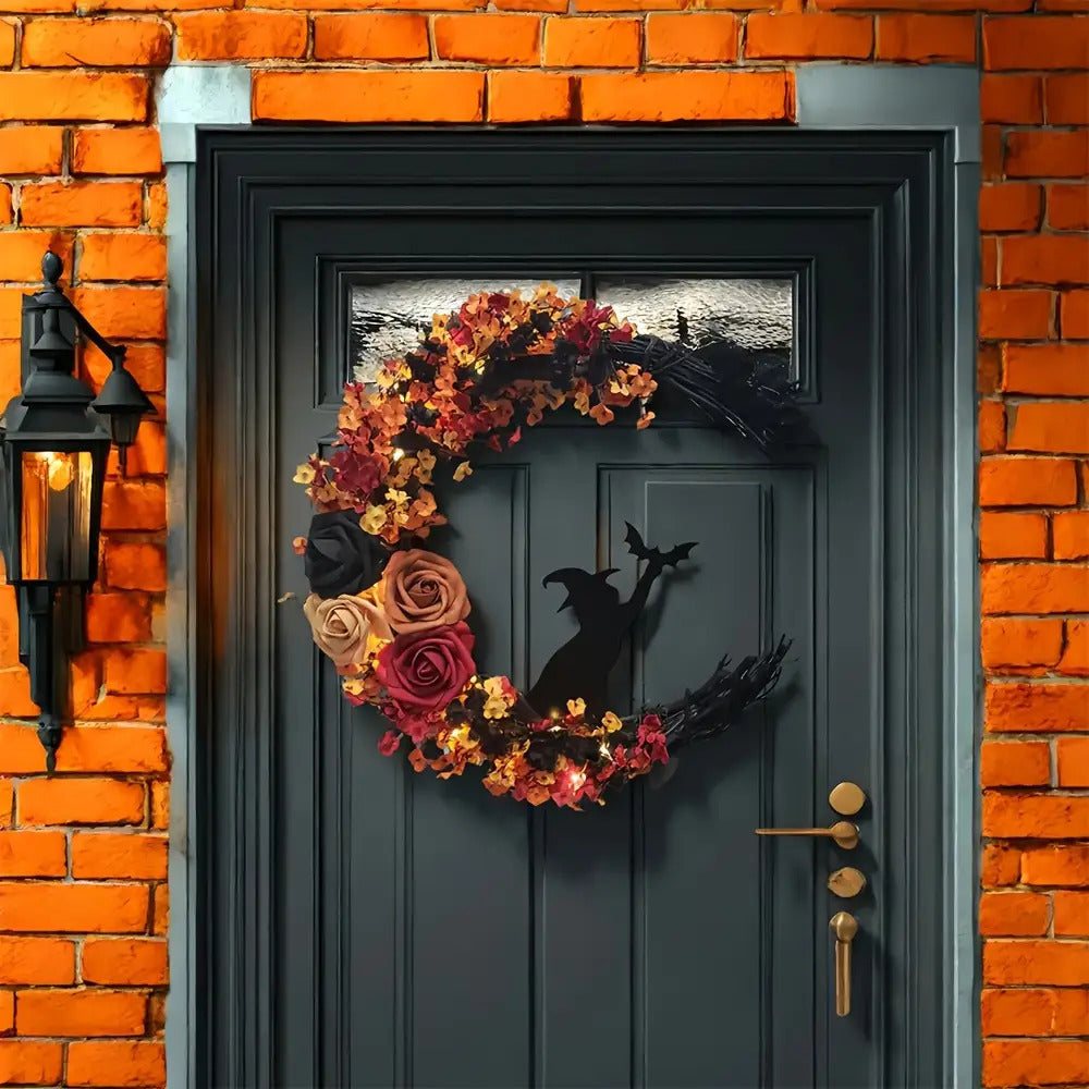 Siopsrl| Halloween Rustic Witch Floral Wreath | Crescent Moon Door Decor