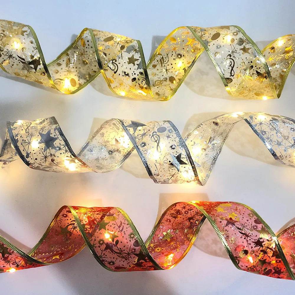 Siopsrl| LED Lights Hot Stamping Double-layer Ribbon Christmas Decorations