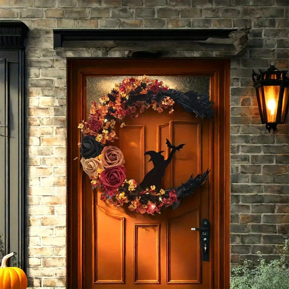 Siopsrl| Halloween Rustic Witch Floral Wreath | Crescent Moon Door Decor