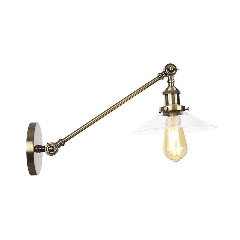 Siopsrl| 1 Light Indoor Wall Lamp Vintage Black/Brass/Bronze Lighting Fixture with Cone Transparent Glass Shade, 8"/12" L Arm