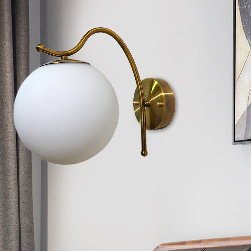 Siopsrl| Ball Wall Lamp Modern White Glass 1 Head Gold Wall Light with Metal Curved Arm