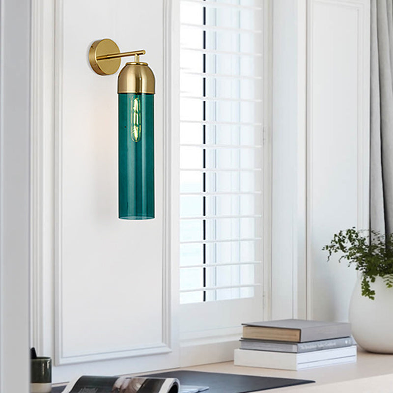 Siopsrl| Modernist Tubular Wall Light Cream/Green Glass 1 Head Living Room Wall Lighting with Metal Arm