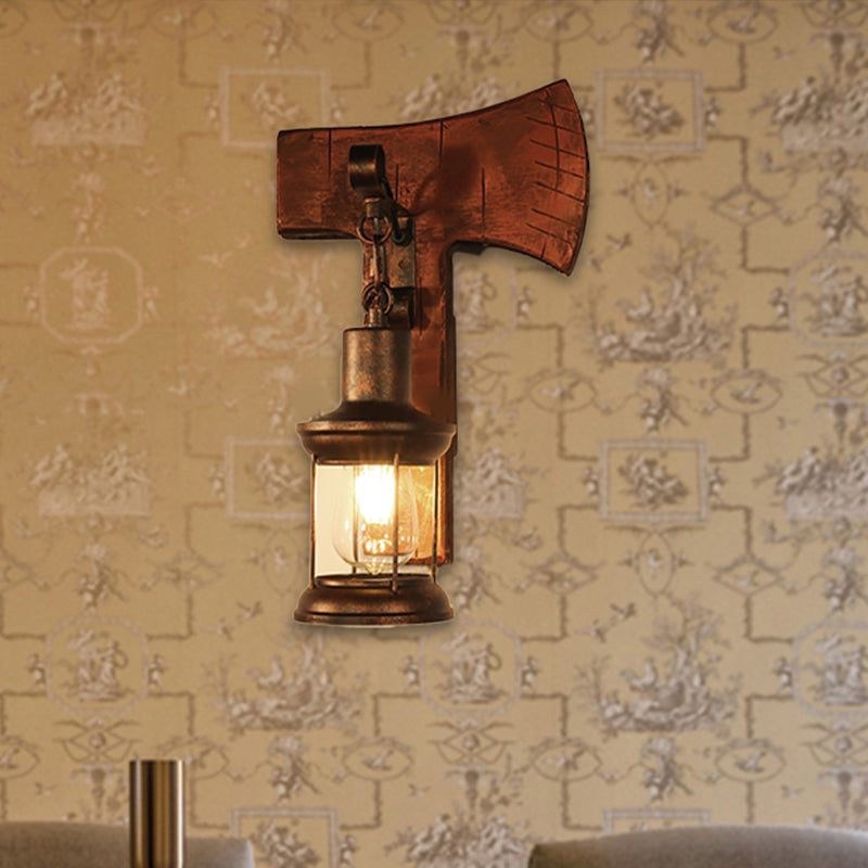 Siopsrl| Rust One-Light Wall Light Coastal Clear Glass Lantern Lighting Fixture with Wood Back Plate