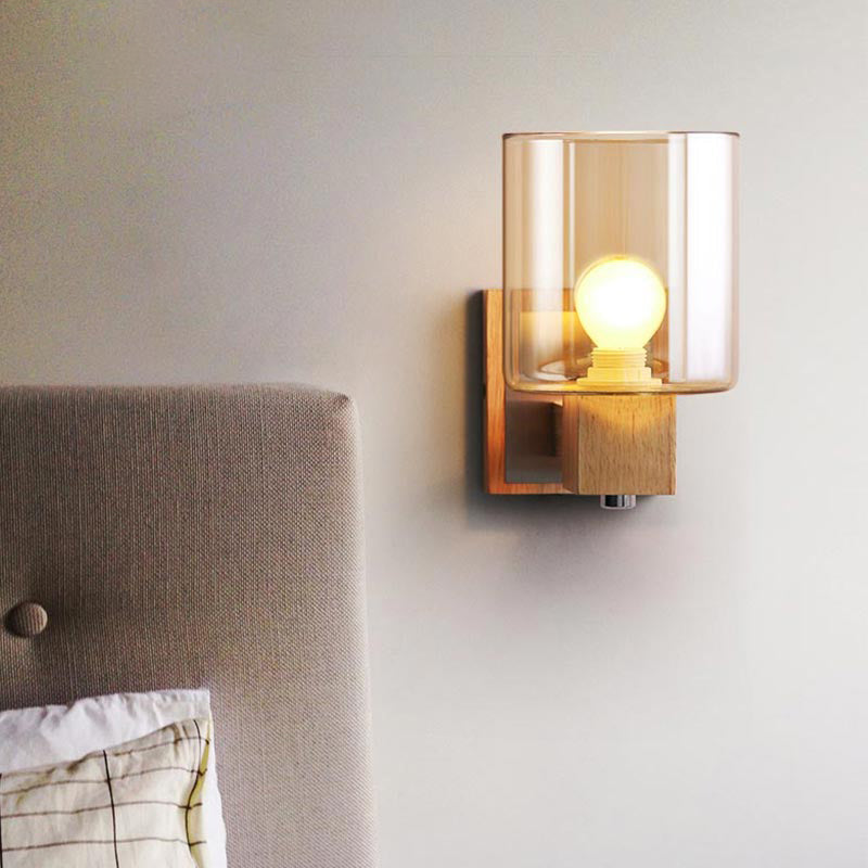 Siopsrl| Cognac Glass Cylinder Wall Lamp Nordic Style 1 Light Mini Wall Sconce Made of Wood