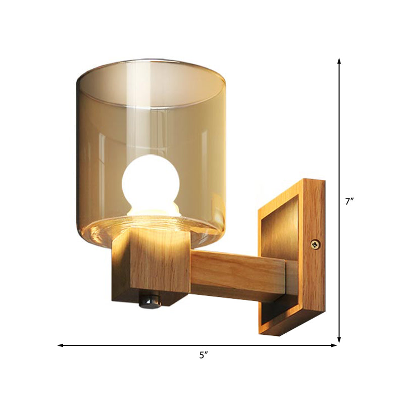 Siopsrl| Cognac Glass Cylinder Wall Lamp Nordic Style 1 Light Mini Wall Sconce Made of Wood