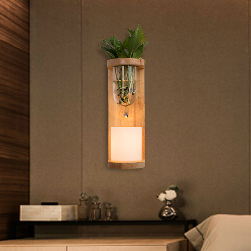 Siopsrl| Cylinder Living Room Wall Lamp Industrial Opal Glass 1 Light Wood LED Wall Light Lighting Fixture