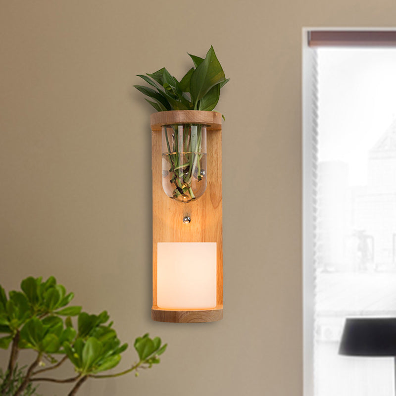 Siopsrl| Cylinder Living Room Wall Lamp Industrial Opal Glass 1 Light Wood LED Wall Light Lighting Fixture
