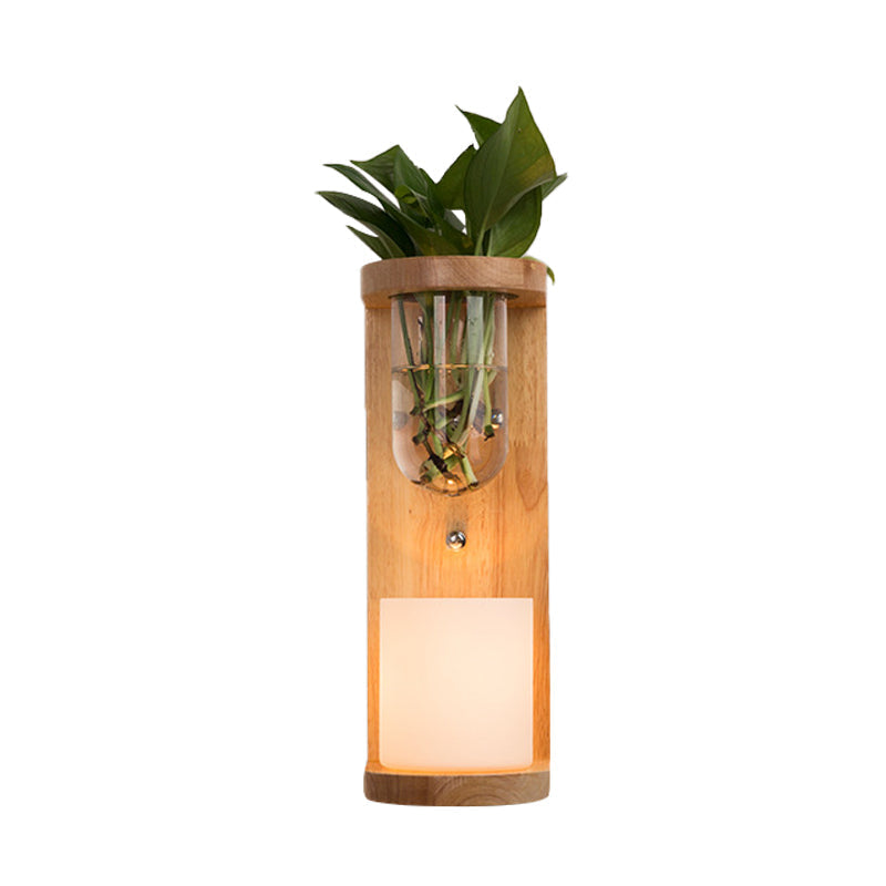 Siopsrl| Cylinder Living Room Wall Lamp Industrial Opal Glass 1 Light Wood LED Wall Light Lighting Fixture