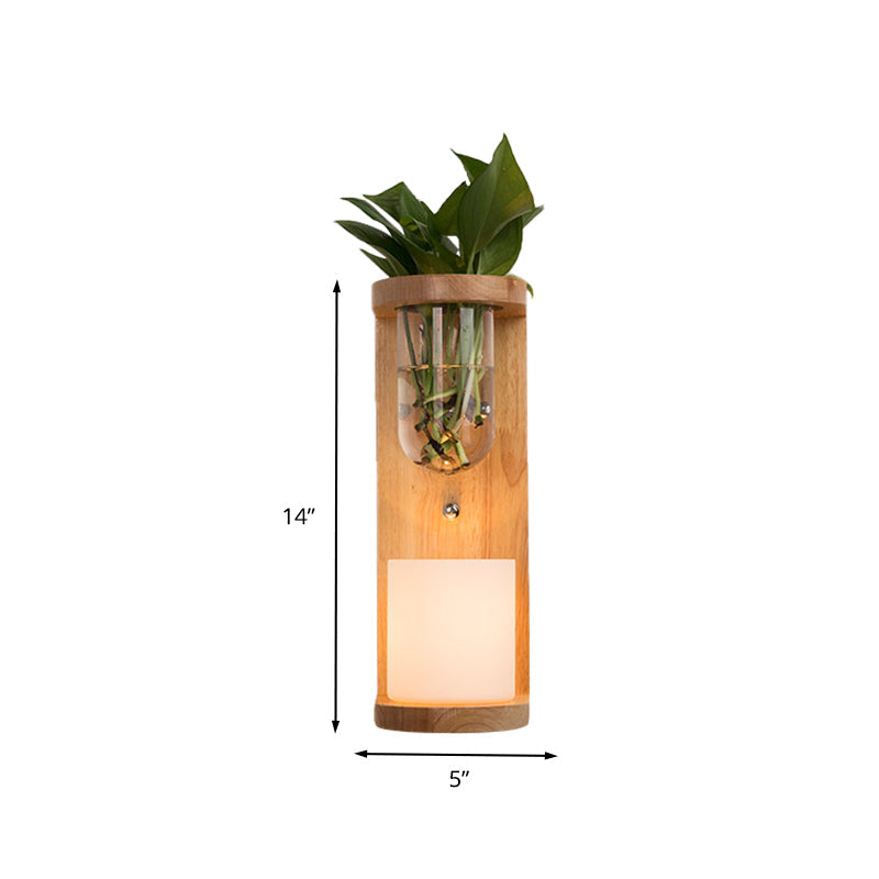 Siopsrl| Cylinder Living Room Wall Lamp Industrial Opal Glass 1 Light Wood LED Wall Light Lighting Fixture
