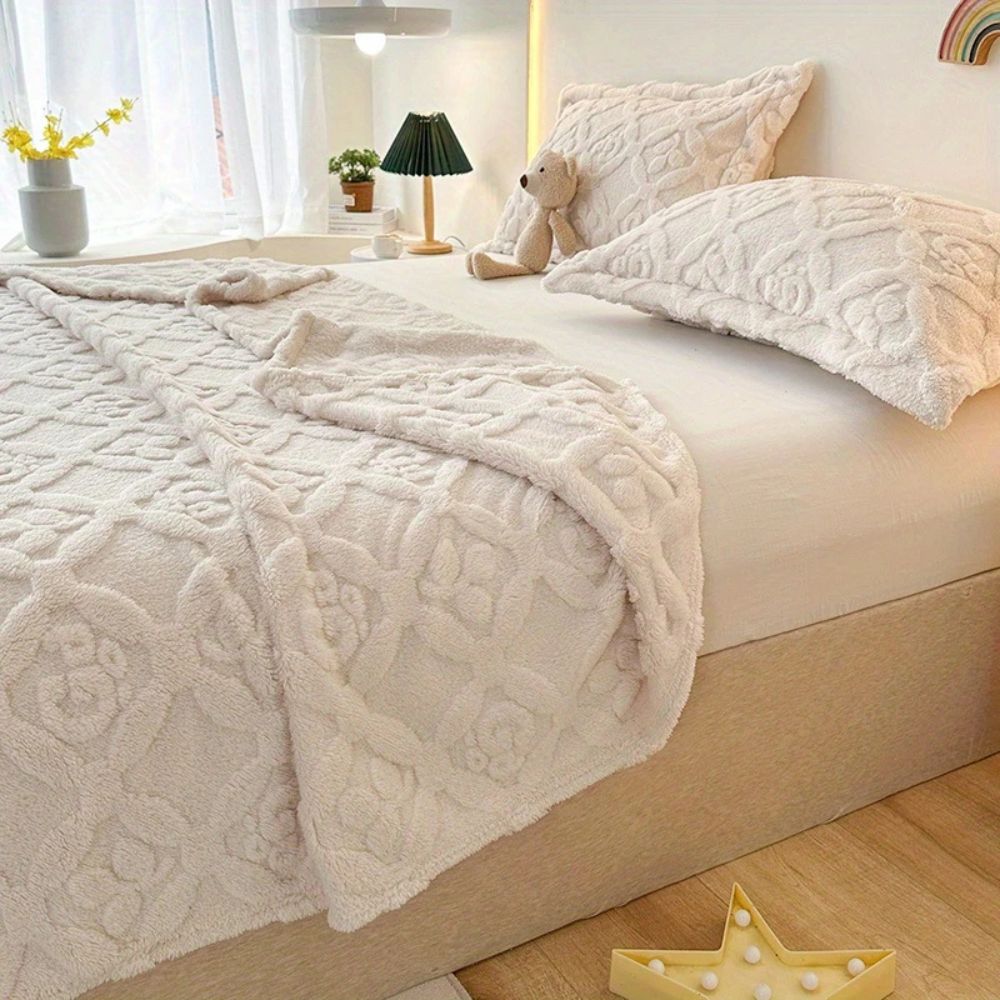 Siopsrl| Leaf Embroidery Fleece Winter Blanket