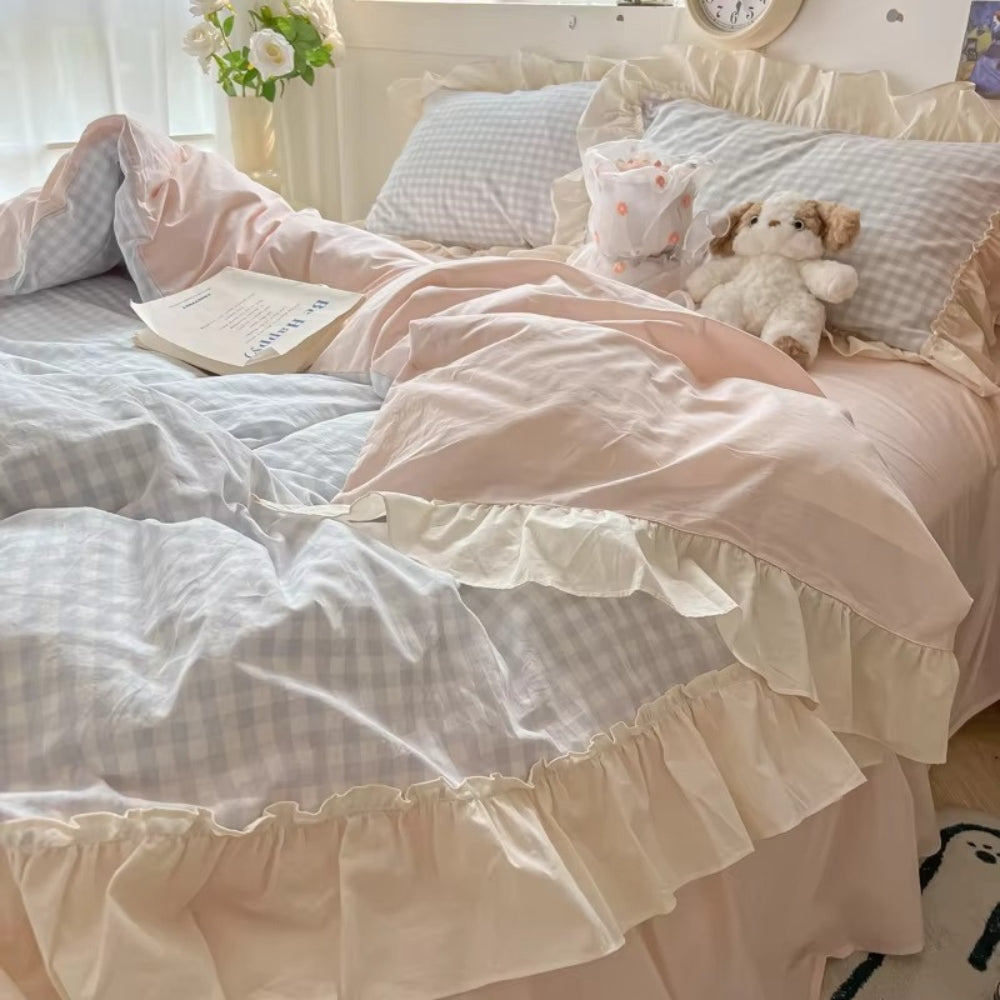 Siopsrl| Gingham Check Ruffled Edges Bedding Set