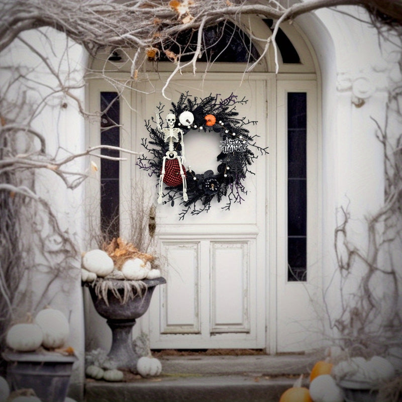 Siopsrl| Halloween Door Wreath with Skeleton and Pumpkin – Atmospheric Seasonal Decoration
