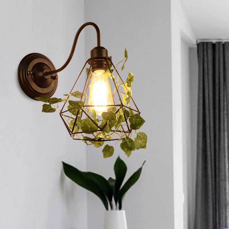 Siopsrl| 1 Light Wall Lighting Fixture Industrial Diamond / Globe / Square Metal LED Wall Lamp Sconces in Black with Plants