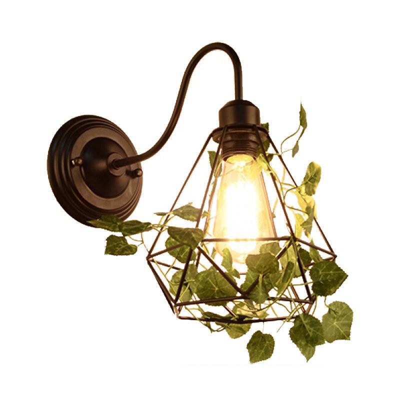 Siopsrl| 1 Light Wall Lighting Fixture Industrial Diamond / Globe / Square Metal LED Wall Lamp Sconces in Black with Plants