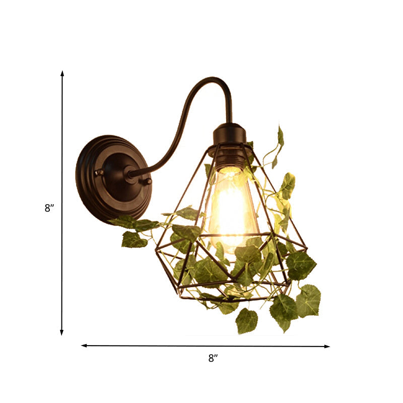Siopsrl| 1 Light Wall Lighting Fixture Industrial Diamond / Globe / Square Metal LED Wall Lamp Sconces in Black with Plants