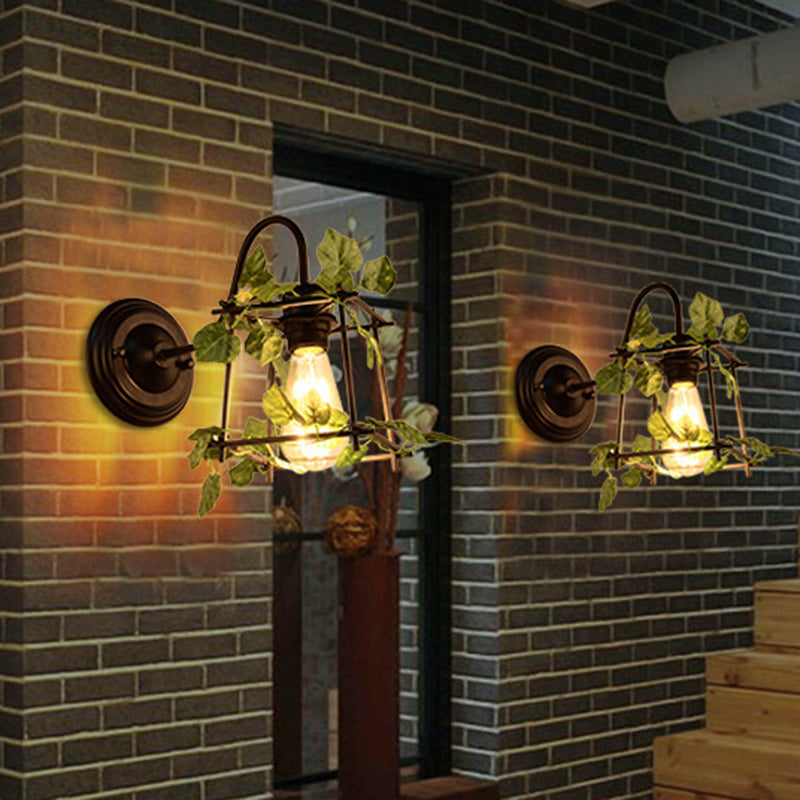 Siopsrl| 1 Light Wall Lighting Fixture Industrial Diamond / Globe / Square Metal LED Wall Lamp Sconces in Black with Plants