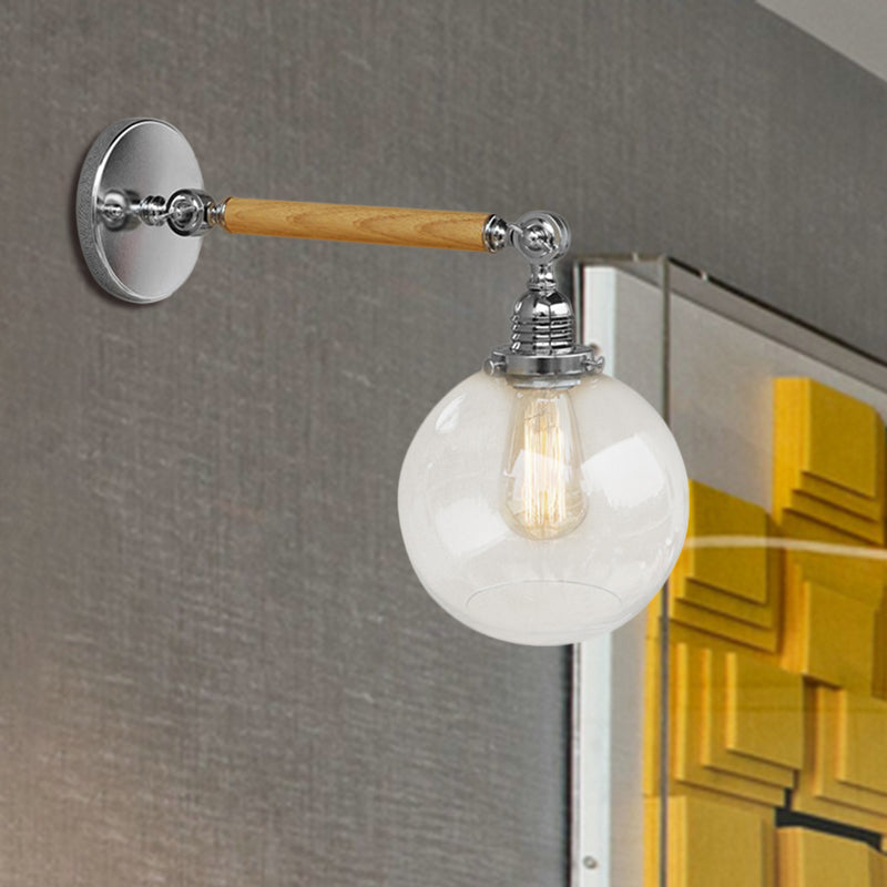Siopsrl| Vintage Orb Wall Light Fixture 1 Lamp Clear Glass Wall Lamp in Chrome for Bathroom, 8"/4"/6" Wide Wooden Arm