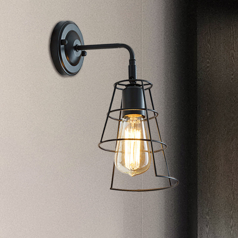 Siopsrl| Vintage Style Conic Cage Wall Lamp with Curved Arm 1 Light Metal Wall Lamp in Black/White