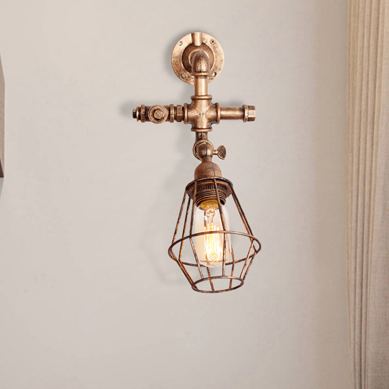 Siopsrl| Diamond Cage Iron Wall Mount Light with Pipe Design Industrial Style 1 Bulb Bedroom Wall Lighting in Antique Brass/Silver