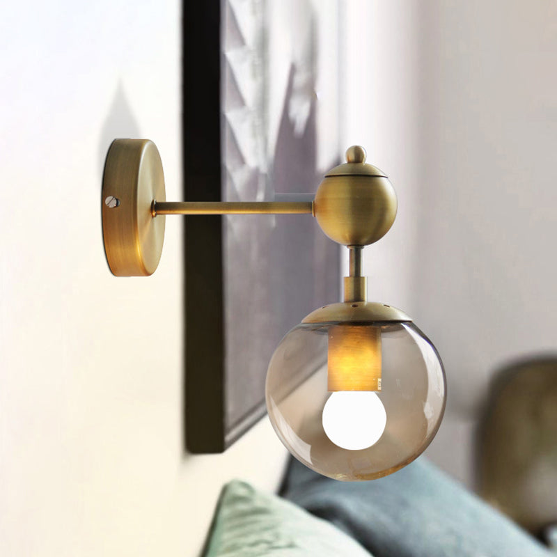 Siopsrl| 1/2-Head Global Wall Mount Light with Amber Glass Shade Modernist Wall Lamp Lighting in Gold for Bedroom
