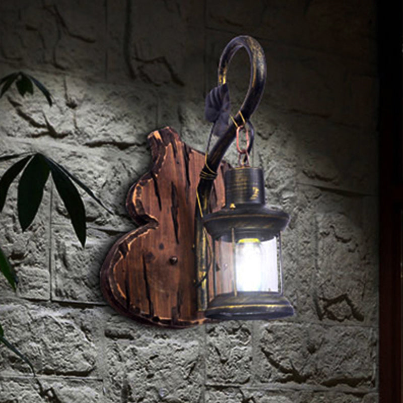 Siopsrl| Coastal Lantern Wall Lighting Fixture 1 Lamp Clear Glass Wall Light in Antique Brass with Gourd Back Plate