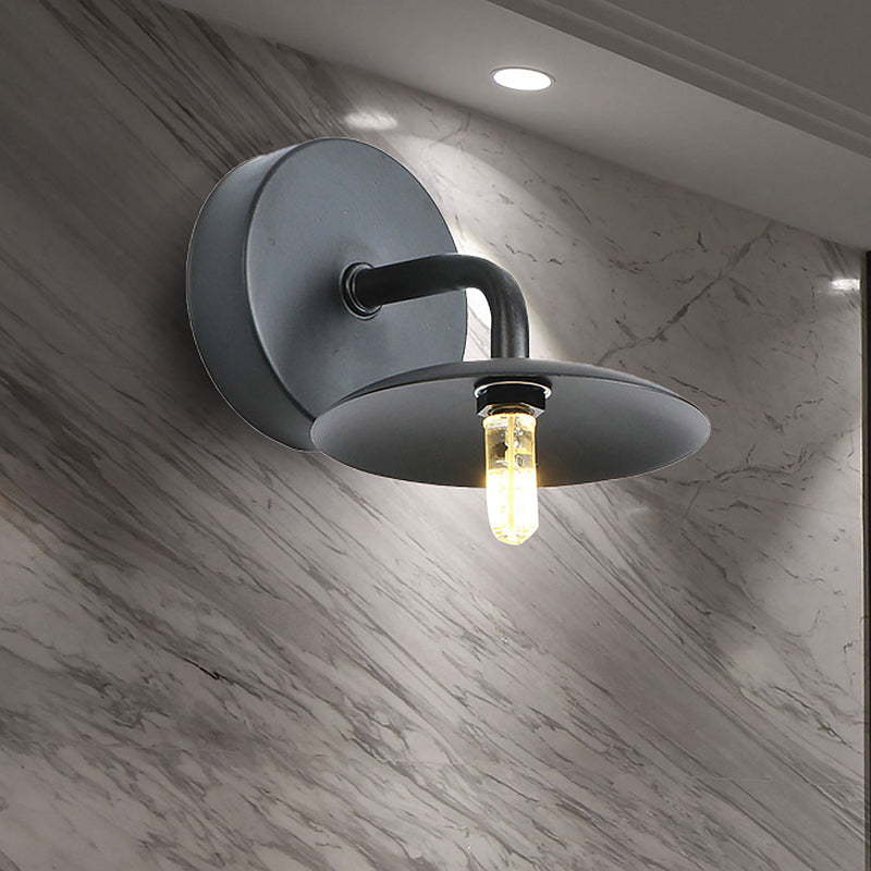 Siopsrl| Flat Shade Metal Wall Lighting Fixture Industrial Vintage 1 Light Bedroom Wall Sconce in Black