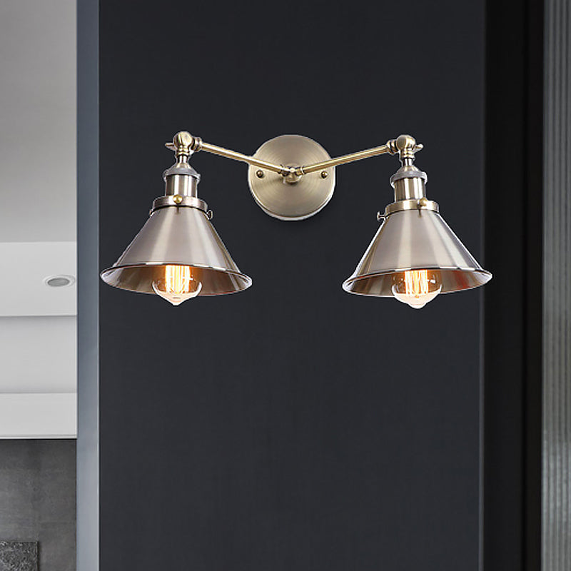 Siopsrl| Tapered Umbrella Iron Wall Mount Light Industrial Vintage 2 Heads Farmhouse Wall Mount Light in Black/Brass