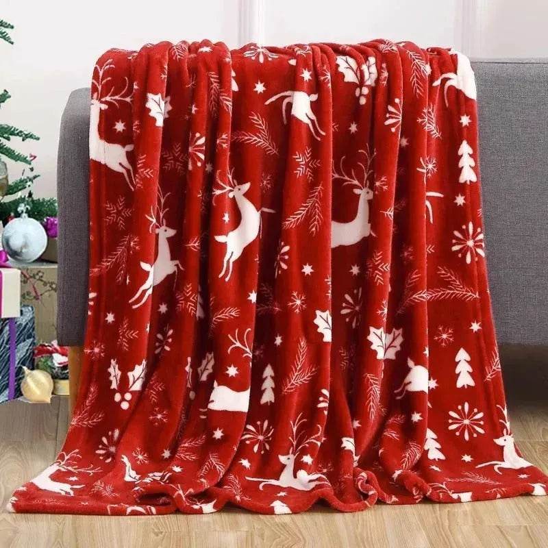 Siopsrl| Christmas Elk Snowman Santa Claus Print Blanket Winter Double-sided Flannel Blanket For Sofa Sleeping Shawl
