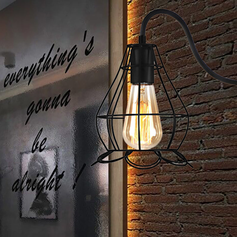 Siopsrl| Black 1 Head Wall Lamp Vintage Industrial Metal Bottle/Rectangular Wall Light Wall Lamp with Wire Frame for Café