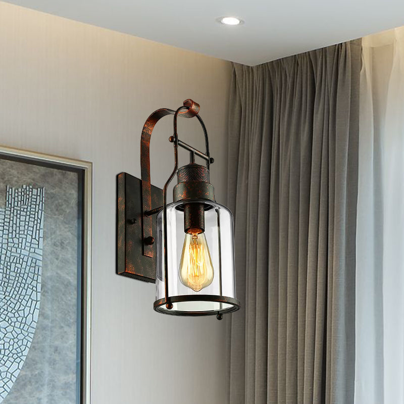 Siopsrl| Cylinder clear glass wall-mounted lamp industrial single bulb living room wall sconce in black/white/rust with cage