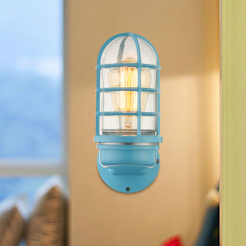 Siopsrl| Cylinder Clear Glass Wall Mounted Lamp Industrial Single Bulb Living Room Wall Light in Pink/Blue/Green with Cage