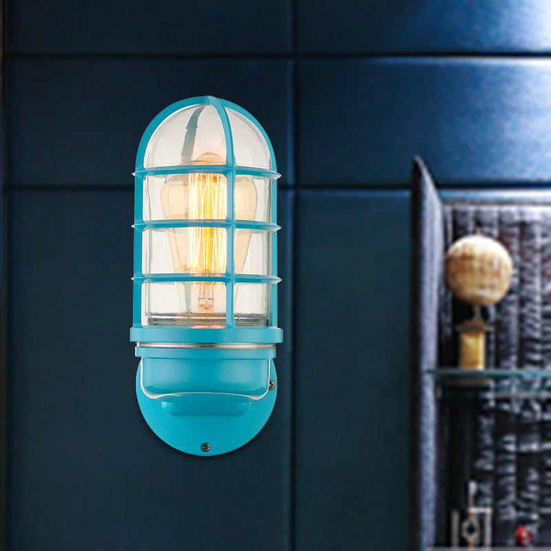 Siopsrl| Cylinder Clear Glass Wall Mounted Lamp Industrial Single Bulb Living Room Wall Light in Pink/Blue/Green with Cage