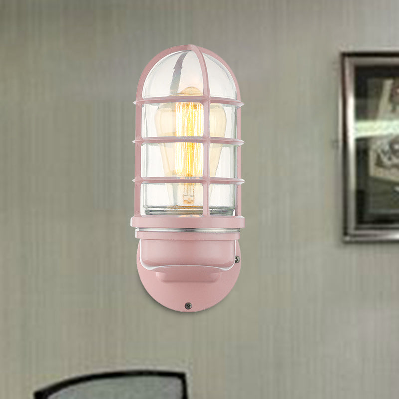 Siopsrl| Cylinder Clear Glass Wall Mounted Lamp Industrial Single Bulb Living Room Wall Light in Pink/Blue/Green with Cage